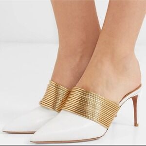 Aquazzura Firenze Rendez Vous 75 White Leather Gold Coil Mule Pumps Size‎ 38.5
